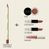 Uoga Uoga lip products including a pencil and three lipsticks on a beige background