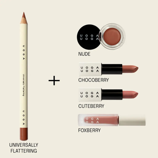 Uoga Uoga lip products including a pencil and three lipsticks on a beige background