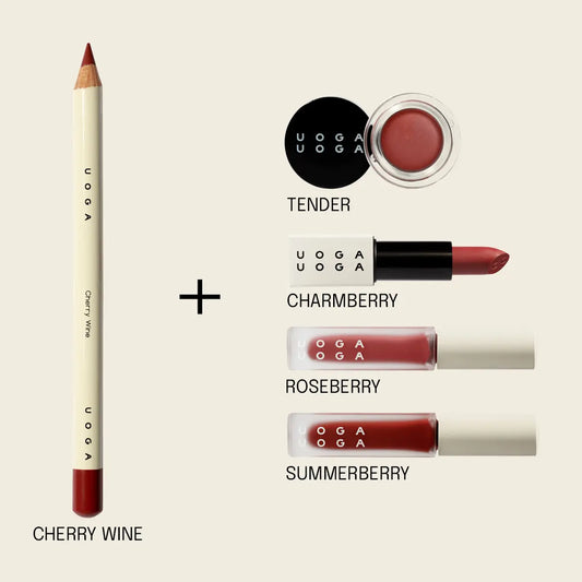 Uoga Uoga lip products including Cherry Wine lip pencil on a beige background