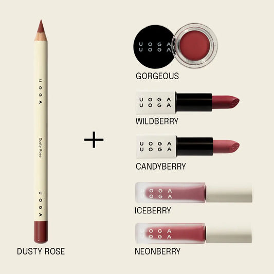 Collection of Uoga lip products including a pencil, lipstick, and lip gloss on a beige background.