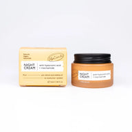 UpCircle Night Cream 55ml in an amber glass jar with aluminium lid, beside its yellow carton marked natural, vegan and upcycled.