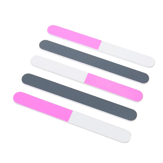 Five nail files arranged diagonally on a white background, alternating between dark gray and bright pink halves with white edges.